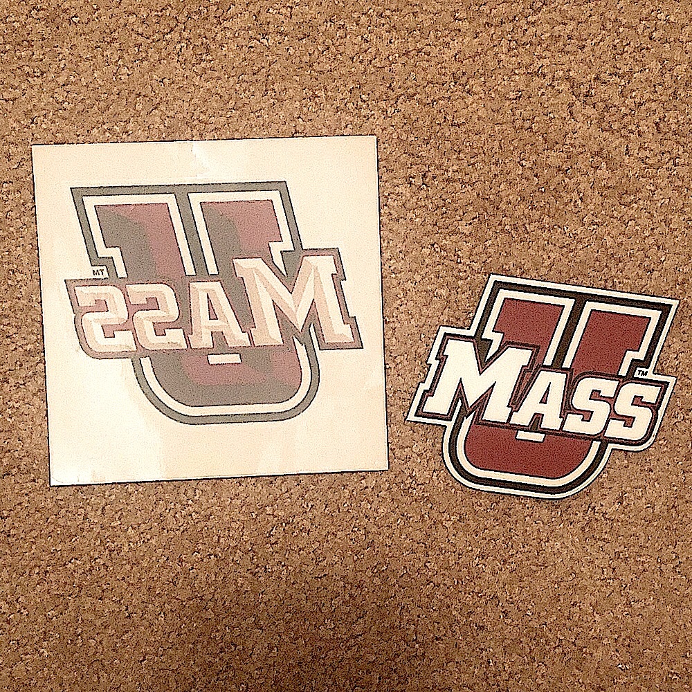 UMass car window decal and UMass magnet.